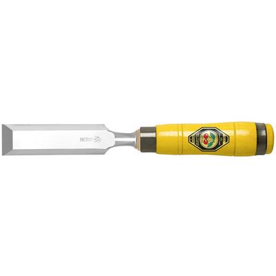 Wooden chisel with a yellow handle and metal blade, logo on the handle. Woodworking tools.