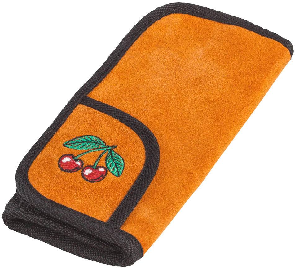 An orange towel with a black border, decorated with an embroidered cherry in one corner.