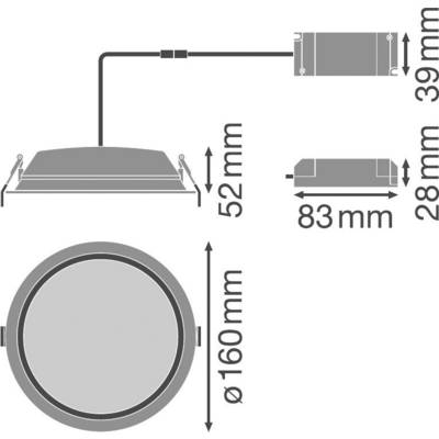 Technical drawing shows the dimensions of an LED recessed spotlight: diameter 160 mm, height 52 mm, driver dimensions 83 mm x 28 mm.