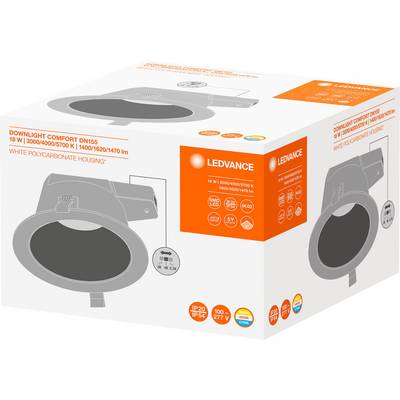 'LEDVANCE DOWNLIGHT COMFORT DN155' Packaging. Shows a round ceiling light, 18W, 3000/4000/5700K colour temperature, 1600/1620/1470 lumens.