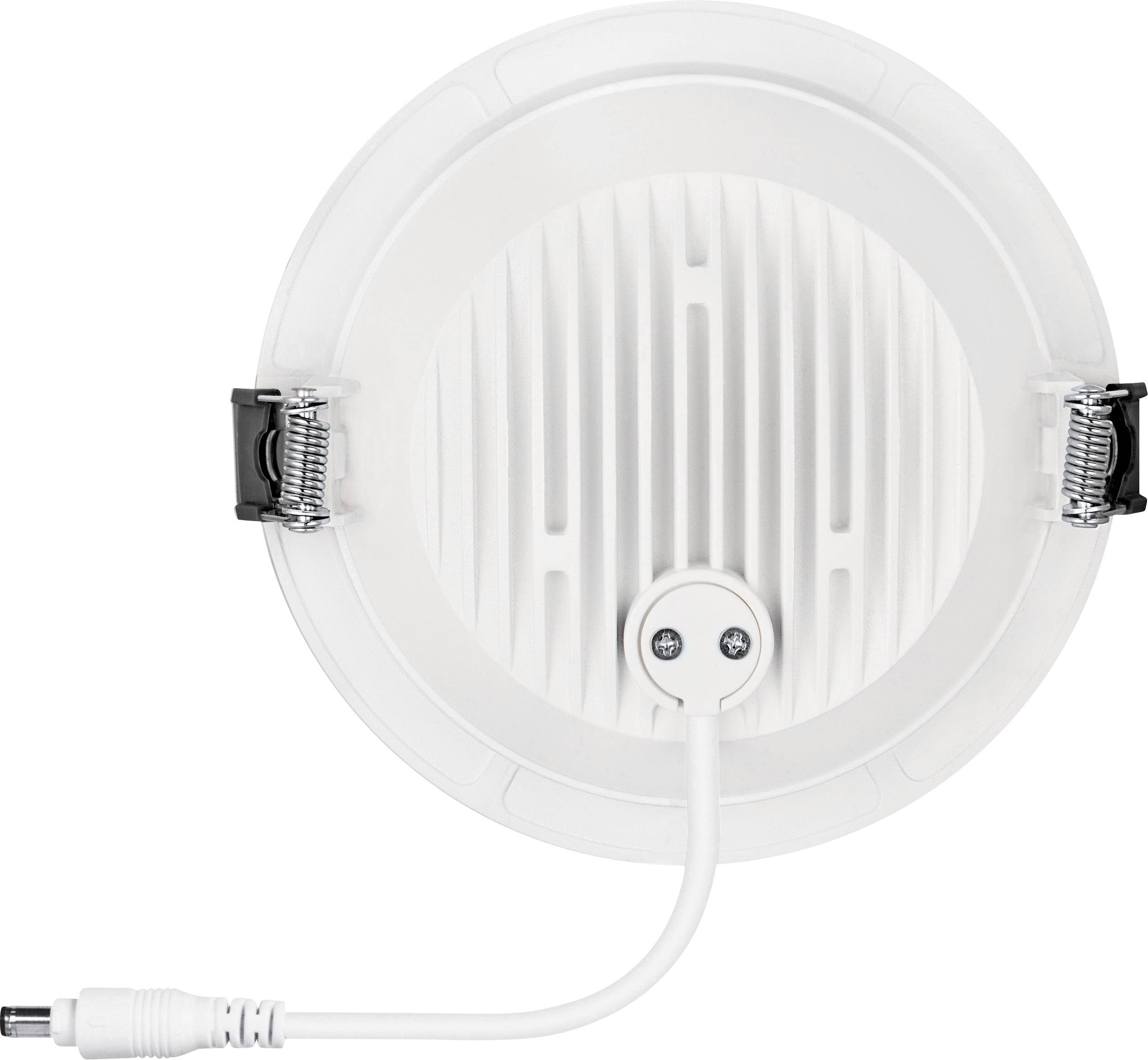 Round, white LED ceiling light with cable connection and two clips on the sides, viewed from below.