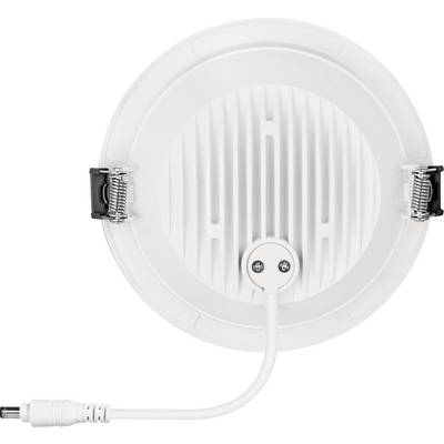 Round, white LED ceiling light with cable connection and two clips on the sides, viewed from below.