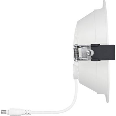 A white LED ceiling light with a cable emerging from the side. The light fitting has a spring-mounted bracket for installation.