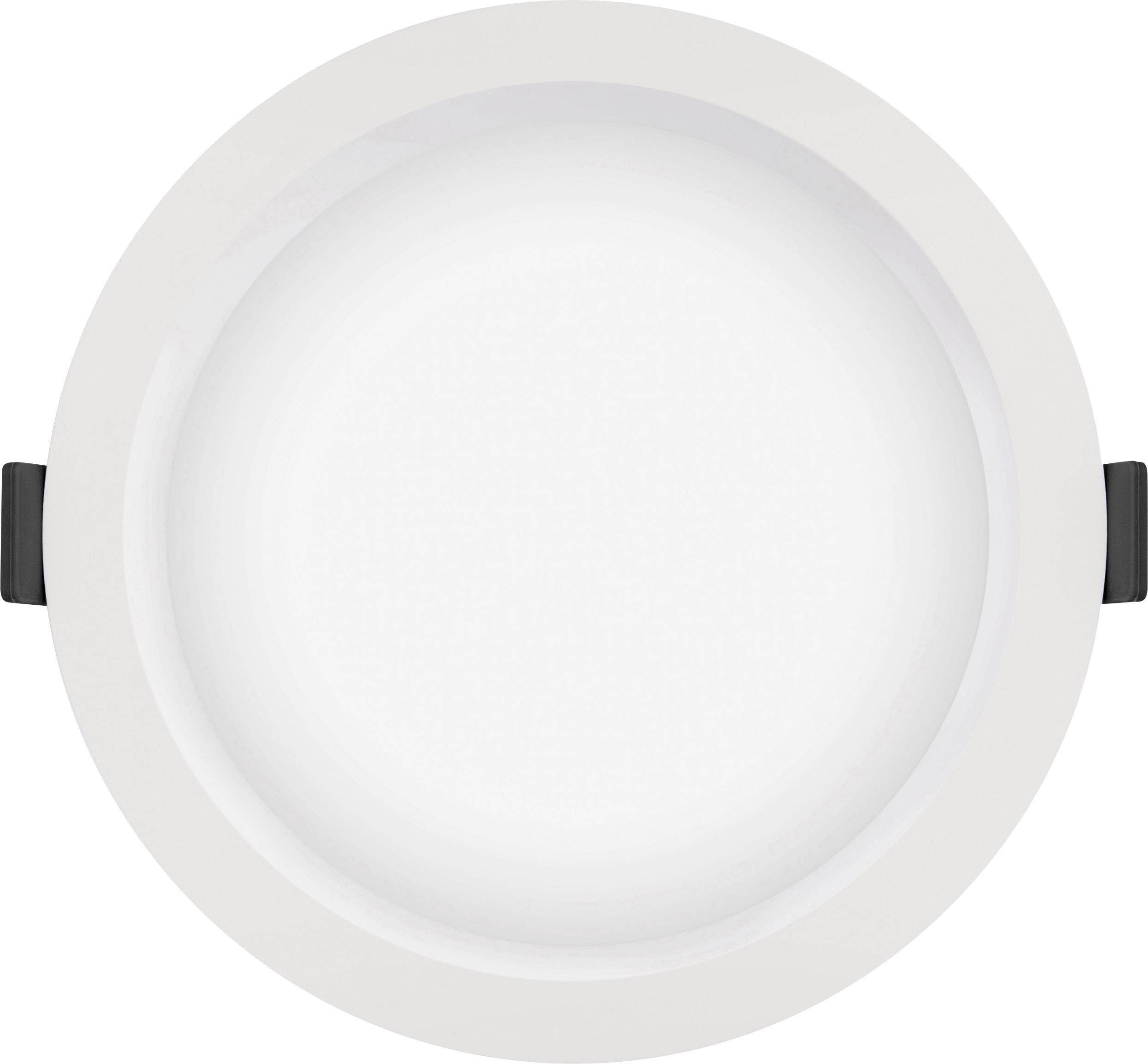 Round, white LED ceiling light, built into a white ceiling, with a clear light output.