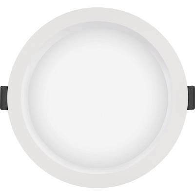 Round, white LED ceiling light, built into a white ceiling, with a clear light output.