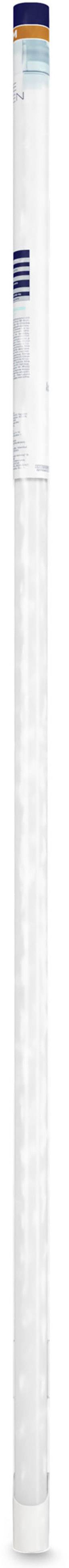 A white pole with a blue stripe at the top and a reddish-brown stripe underneath. Primarily smooth and long.