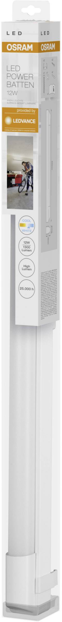 Packaging of an Osram LED tube 18W. Characteristics: 4000K, non-dimmable, cool white light, energy-efficient, suitable for light fittings.