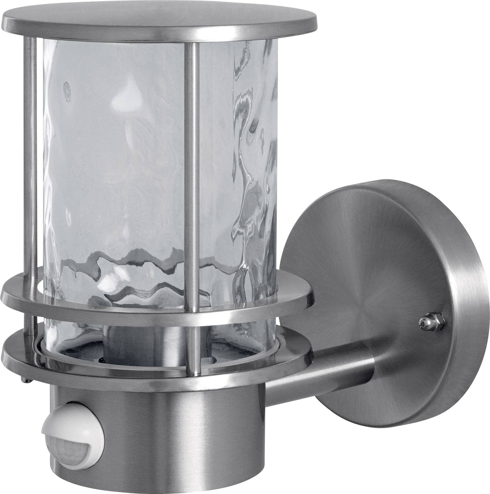 A contemporary outdoor wall light made of stainless steel with a transparent glass cylinder and motion sensor for automatic illumination in darkness.