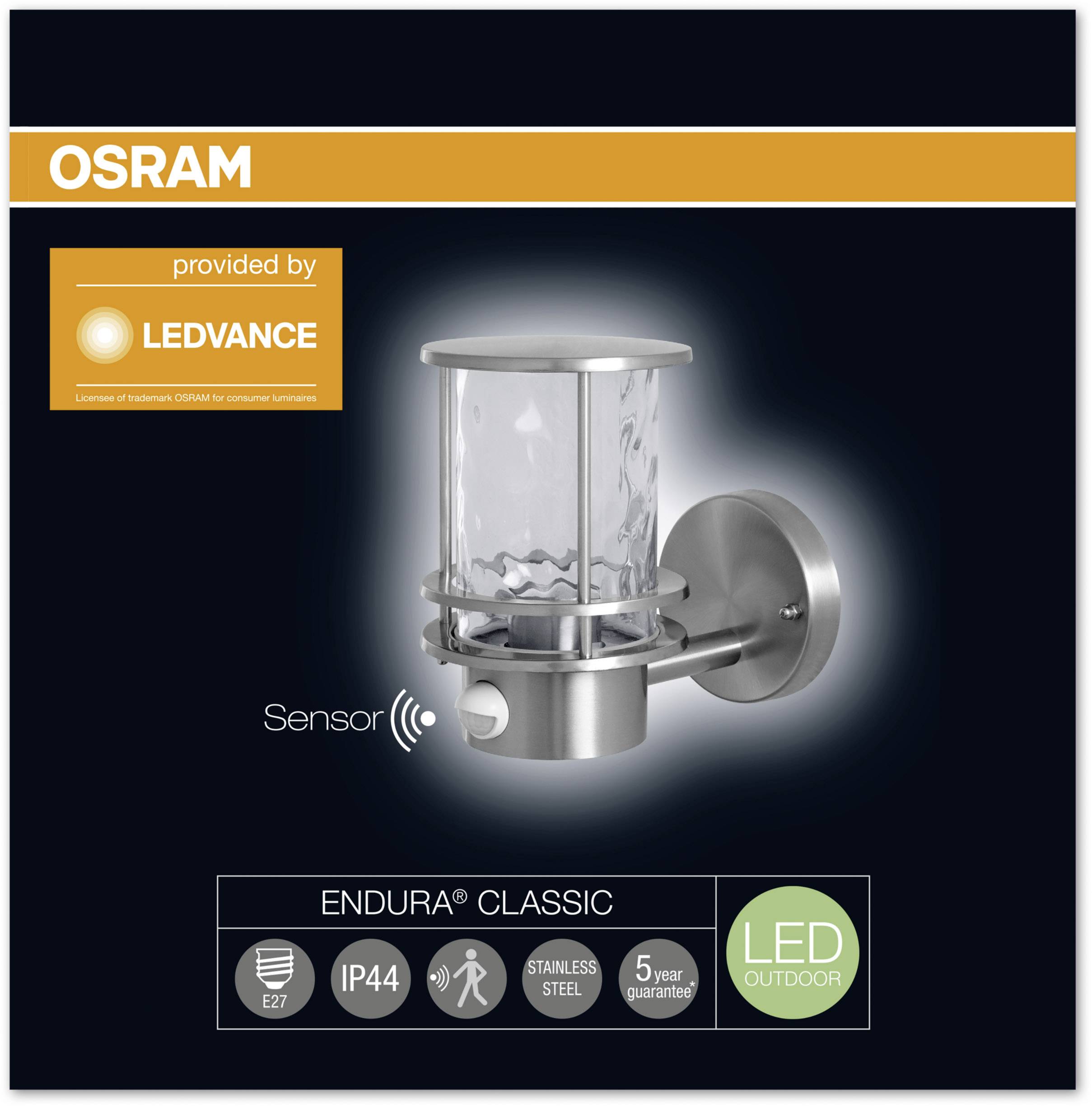 Stainless Steel Wall Light with Sensor and LED Technology, Suitable for Outdoor Use. IP44 Protection Class and 5-Year Warranty.