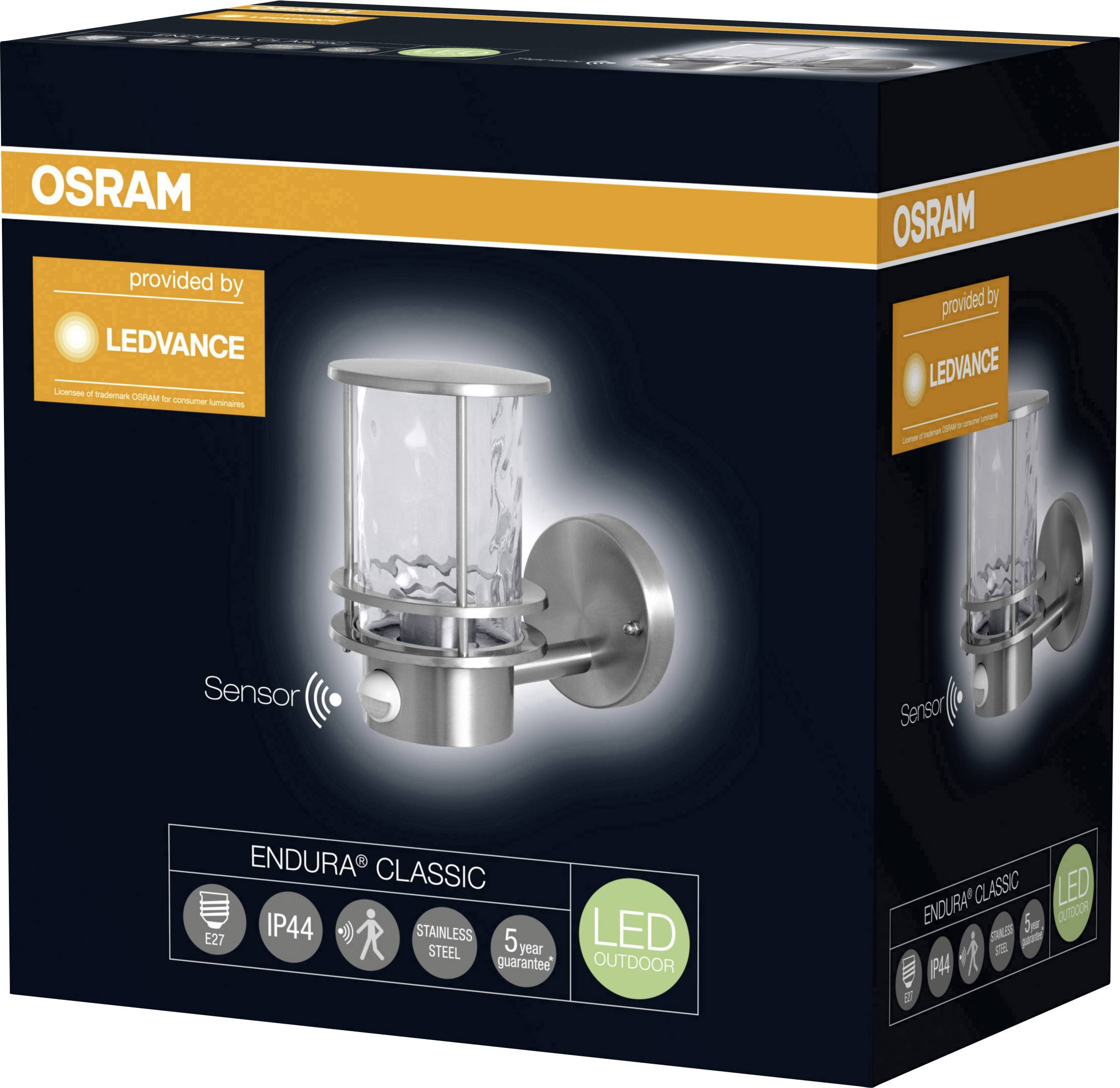 'OSRAM' Wall Light Packaging. Contains LED Outdoor Light, Sensor, Stainless Steel, IP44, 5 Year Warranty.