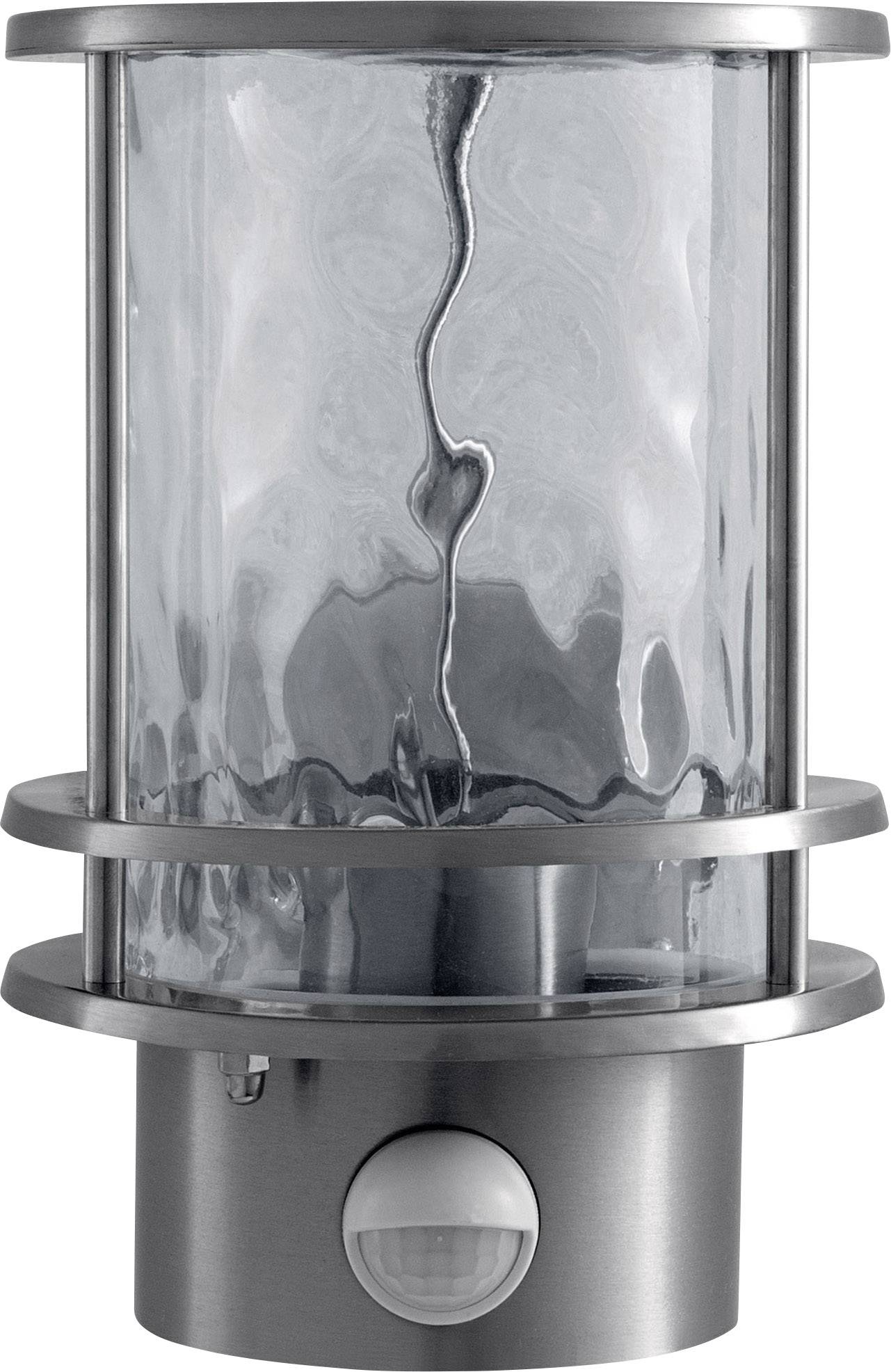 Metal wall light with glass cylinder, motion sensor below. Modern design, suitable for outdoor lighting.