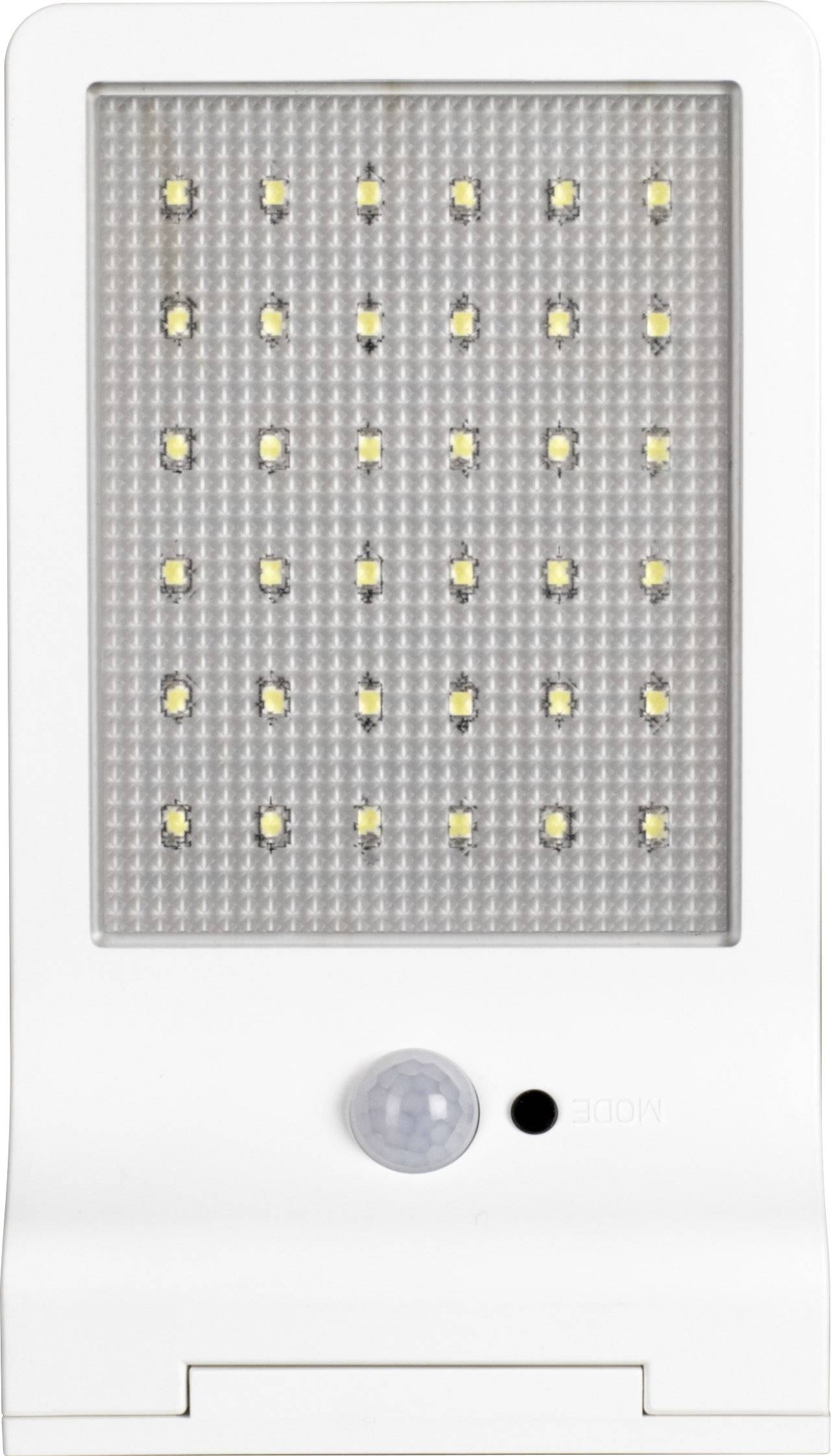The image shows a rectangular white LED lamp with several small yellow lights. A sensor is located underneath it.