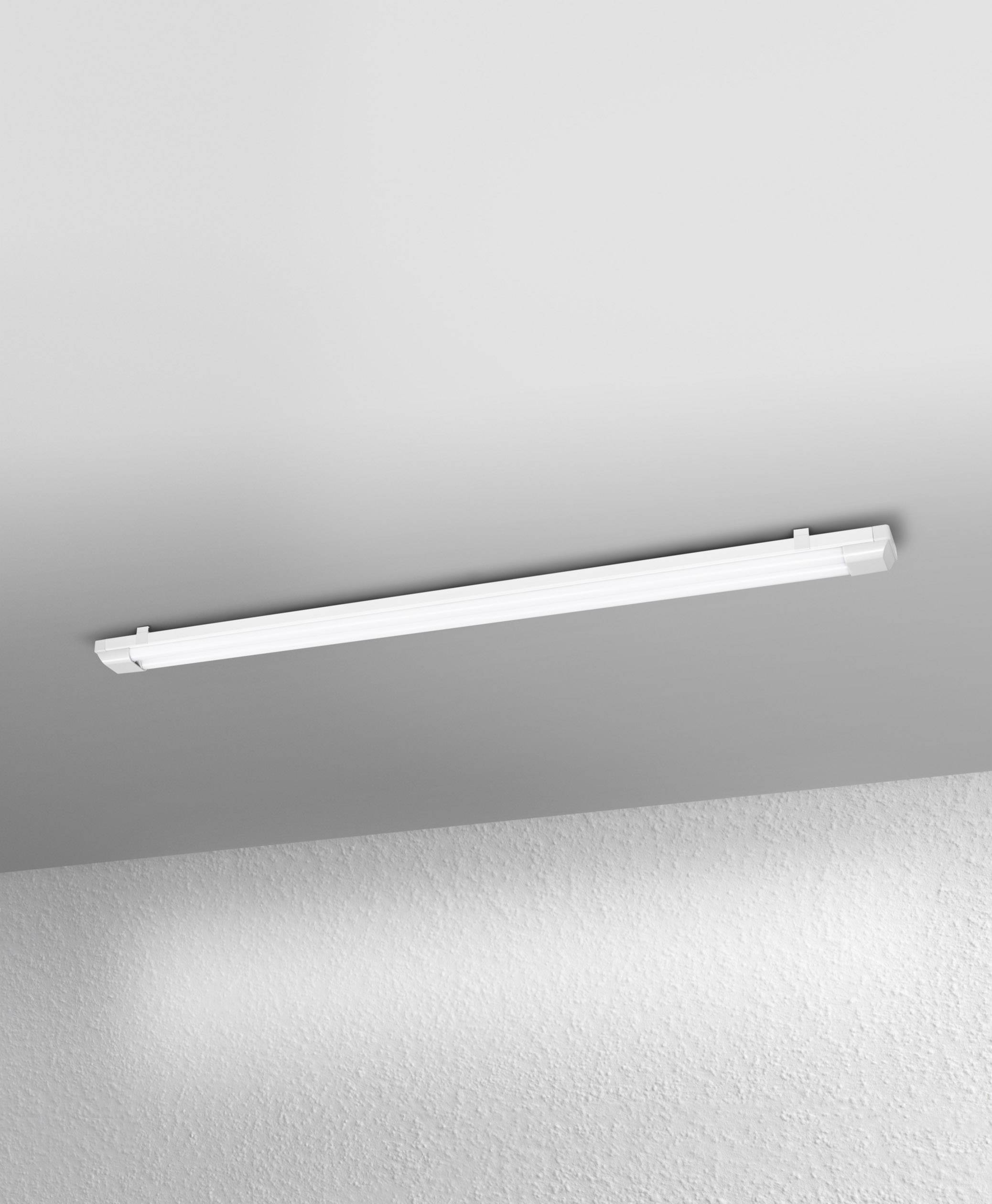 Elongated ceiling light with a white casing, mounted on a grey ceiling. Simple design, suitable for modern interiors.