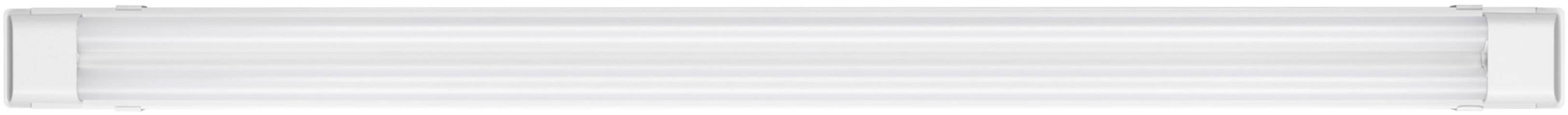 A white, rectangular fluorescent lamp, mounted horizontally. It is elongated and has a narrow, clearly defined frame.