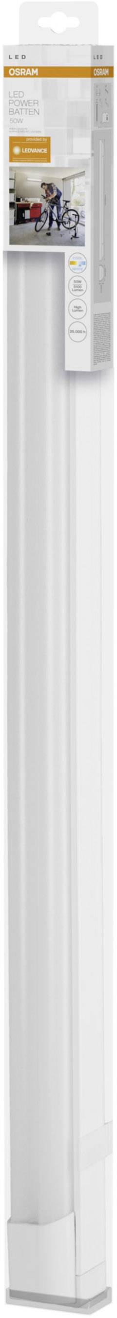 Packaged LED light fixture with the inscription 'Moisture-proof luminaire, 36 W, IP65, 4000 K'. The luminaire for industrial environments is pictured.