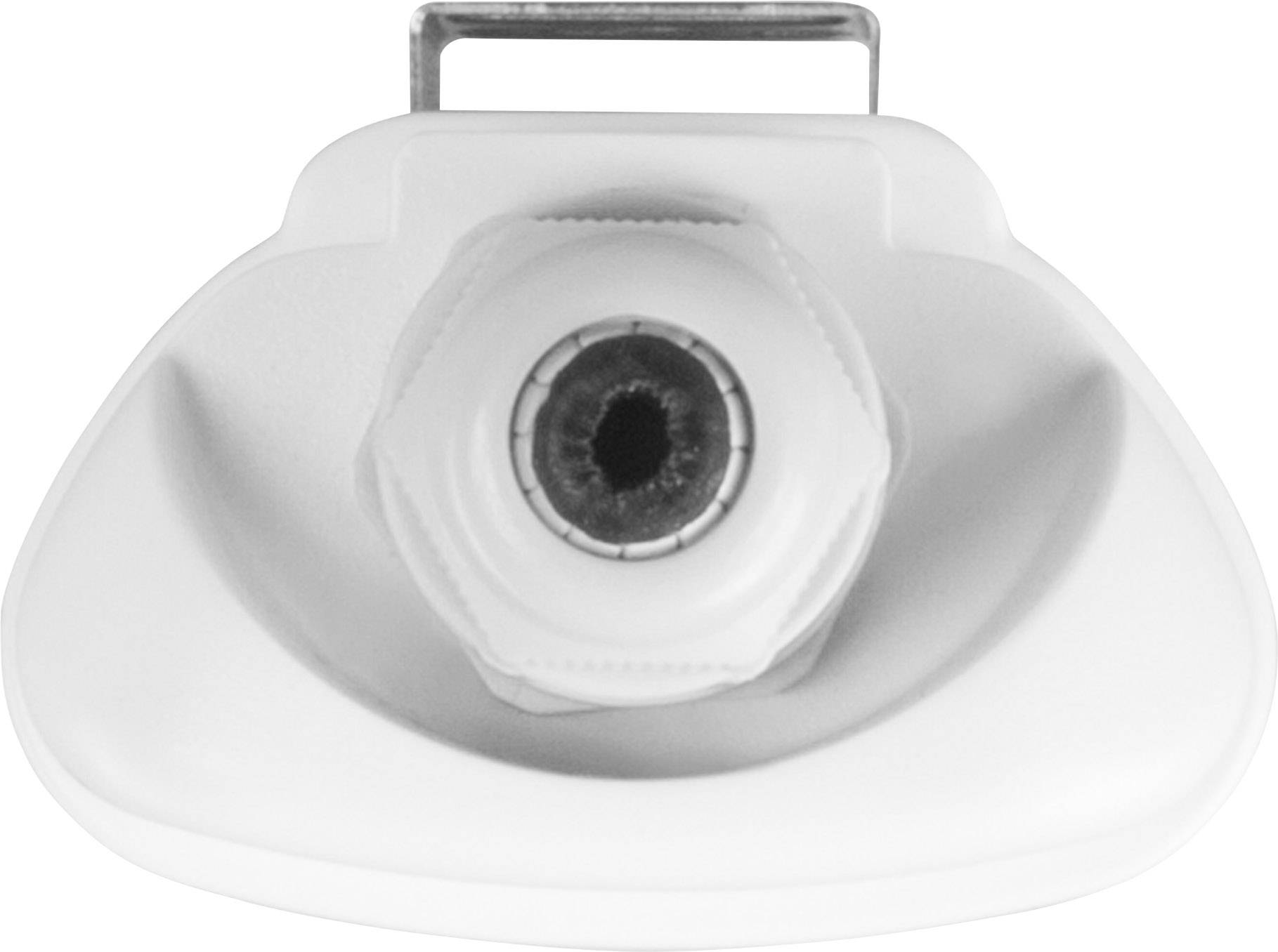 White cap with a central opening and a mounting clip at the top.