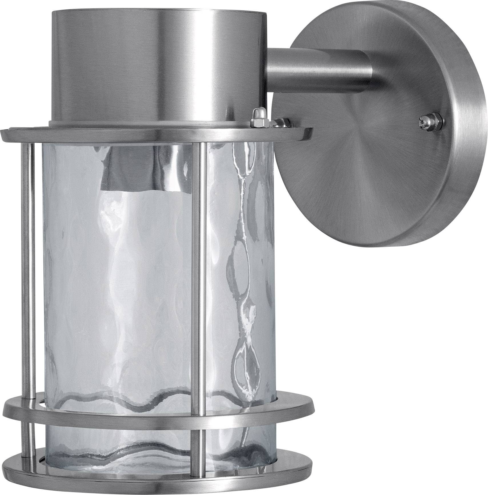 Wall light crafted from brushed metal with a cylindrical clear glass design; contemporary outdoor lighting.