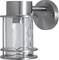 Wall light crafted from brushed metal with a cylindrical clear glass design; contemporary outdoor lighting.