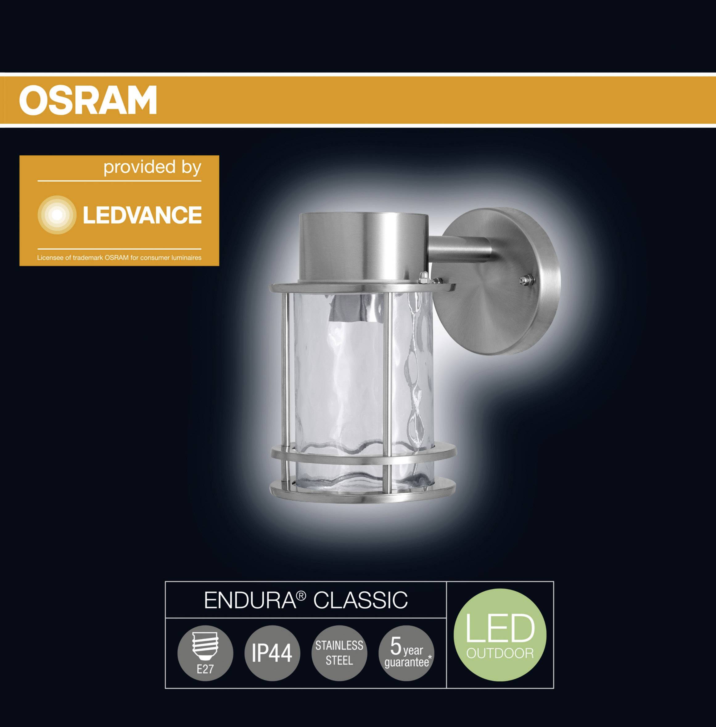 'OSRAM' displays a wall-mounted outdoor light made of stainless steel. Labels: IP44, stainless steel, 5-year guarantee, LED outdoor.