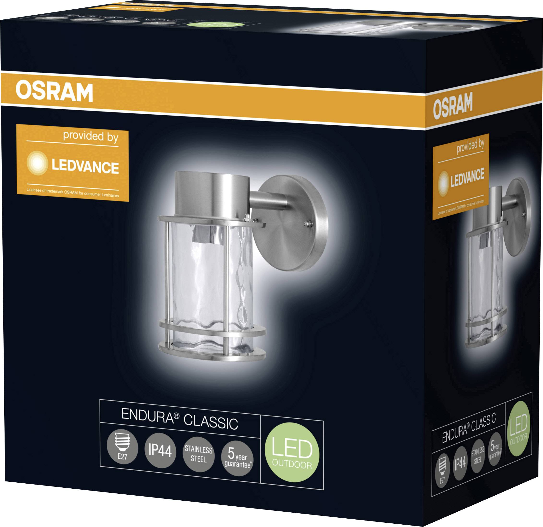 Packaging for an OSRAM LED wall light with stainless steel design, suitable for outdoor use, E27, IP44, 5-year warranty.
