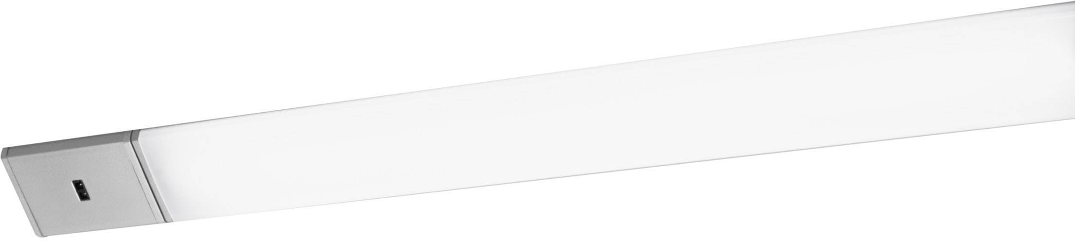 Long rectangular LED light with a silver housing and white illumination surface. Suitable for modern interior lighting.