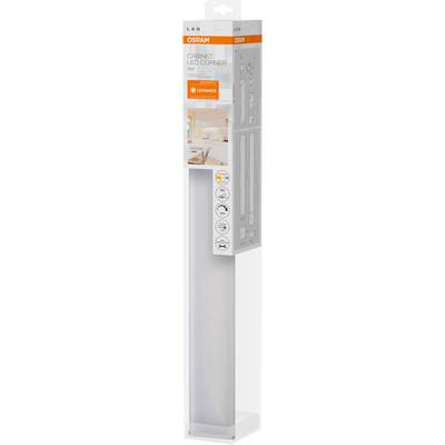 Packaging for an Osram under-cabinet LED light. Includes product image, mounting instructions, and symbols for energy efficiency and light colour.
