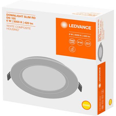 Flat LED downlight by Ledvance, Model DN 105, 6 watts, 3000 Kelvin, 420 lumens. White casing, SMD LED, suitable for indoor use.