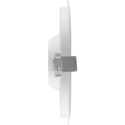 Side view of a white, rounded plastic device with a holder and fine metal pins.