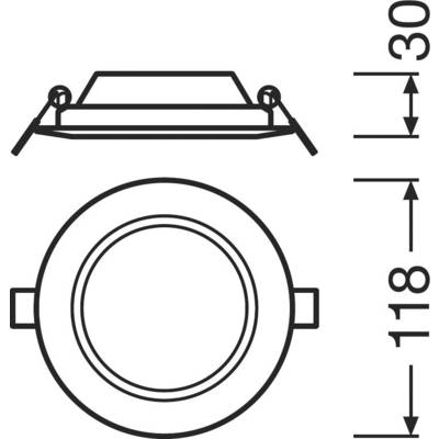 'Drawing of a round recessed spotlight with dimensions: diameter 118 mm, depth 30 mm.'