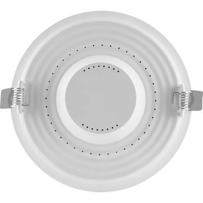 A round, white LED ceiling light with silver mounting elements on the sides, viewed from above.