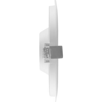 Side view of a round, white device with a mounting point and small needles.
