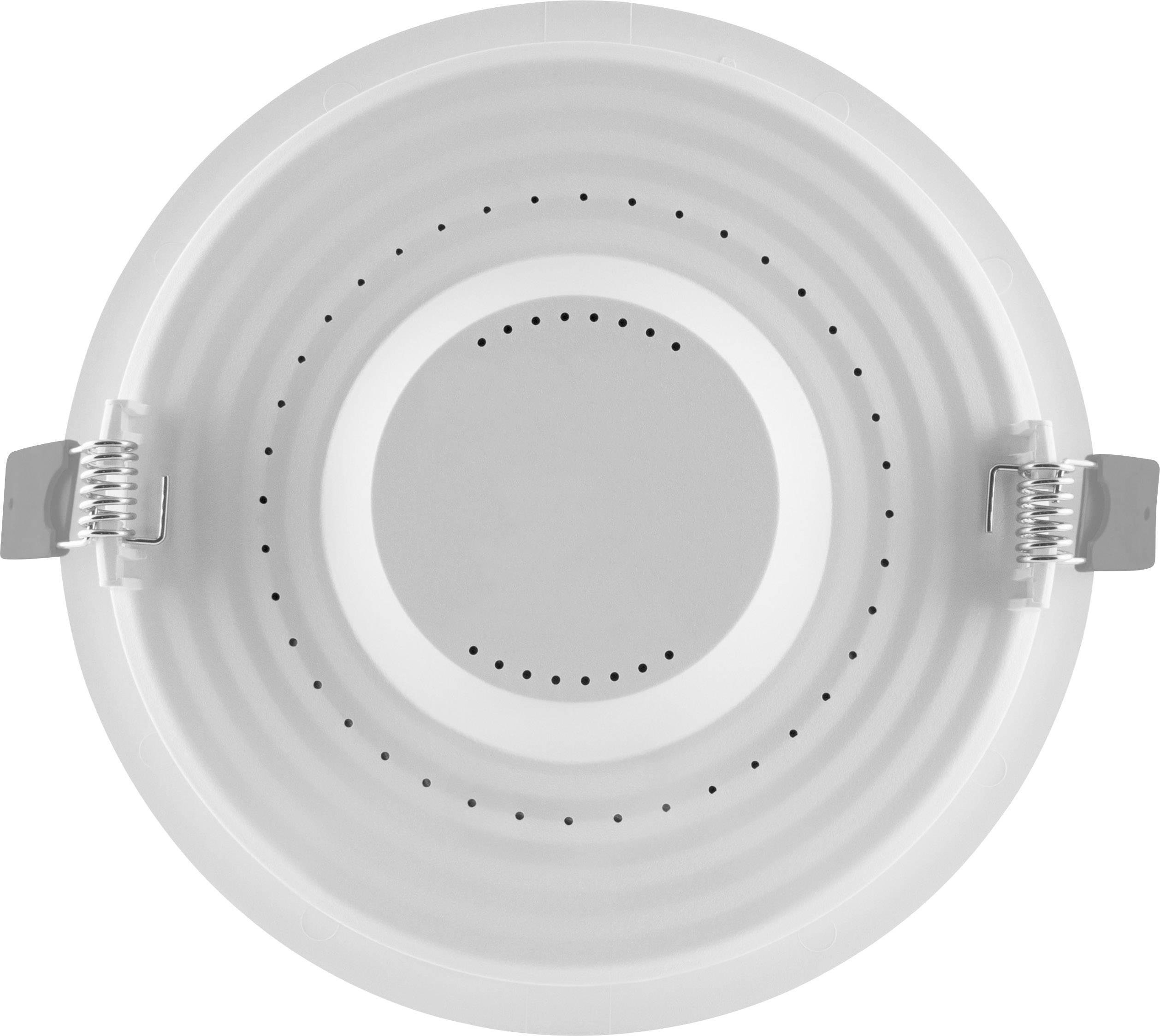 A white, round LED recessed light with a perforated edge and two metal clips on the sides, shown from a top-down view.