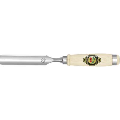 Woodcarving knife with a wooden handle and decorated emblem.