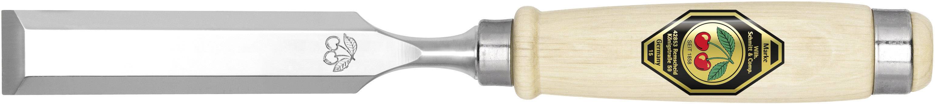 Wood chisel with wooden handle and metal blade, suitable for woodworking.