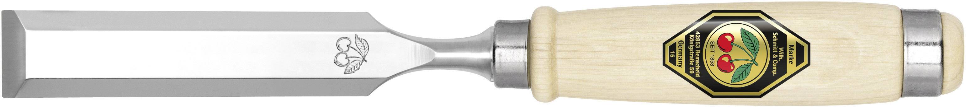 Wood chisel with a light brown wooden handle and metal blade. A colourful, decorative emblem is located on the handle.