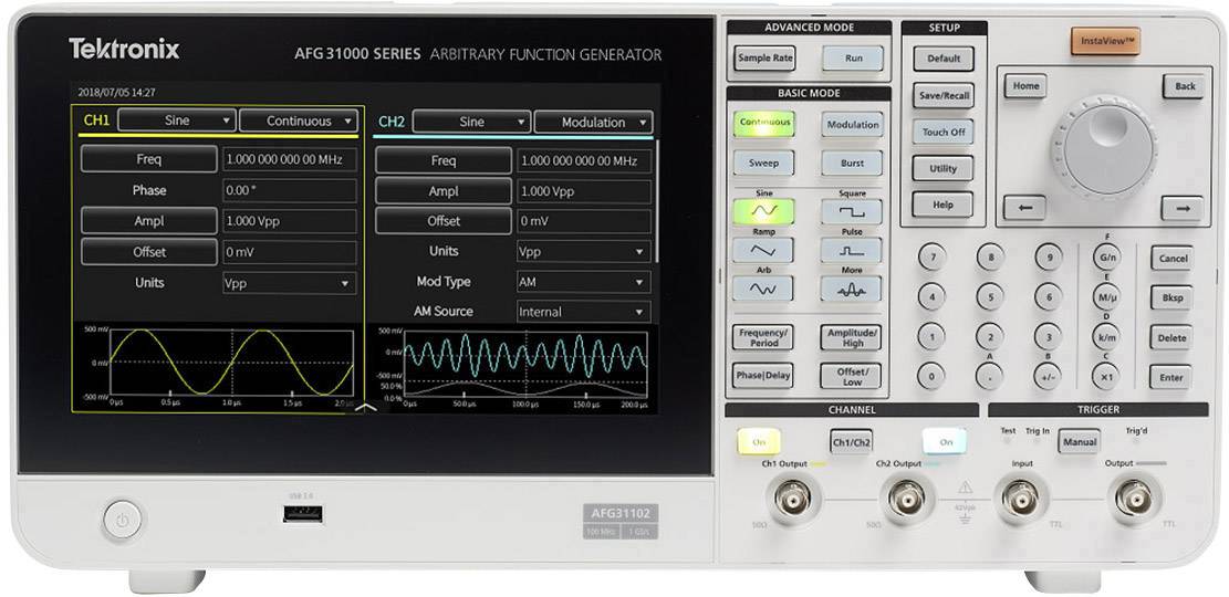 'AFG31000 Series by Tektronix' is an Arbitrary Function Generator with two channels that displays waveforms on a digital display.