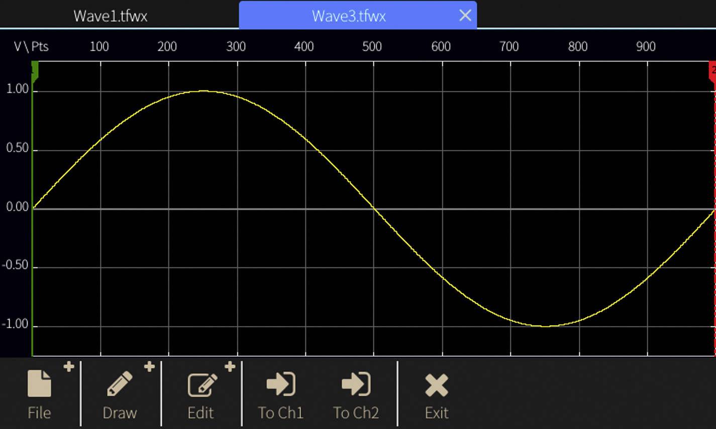 Image of an oscilloscope display with a yellow sinusoidal waveform shown over a graphically displayed time period from 0 to 1000.