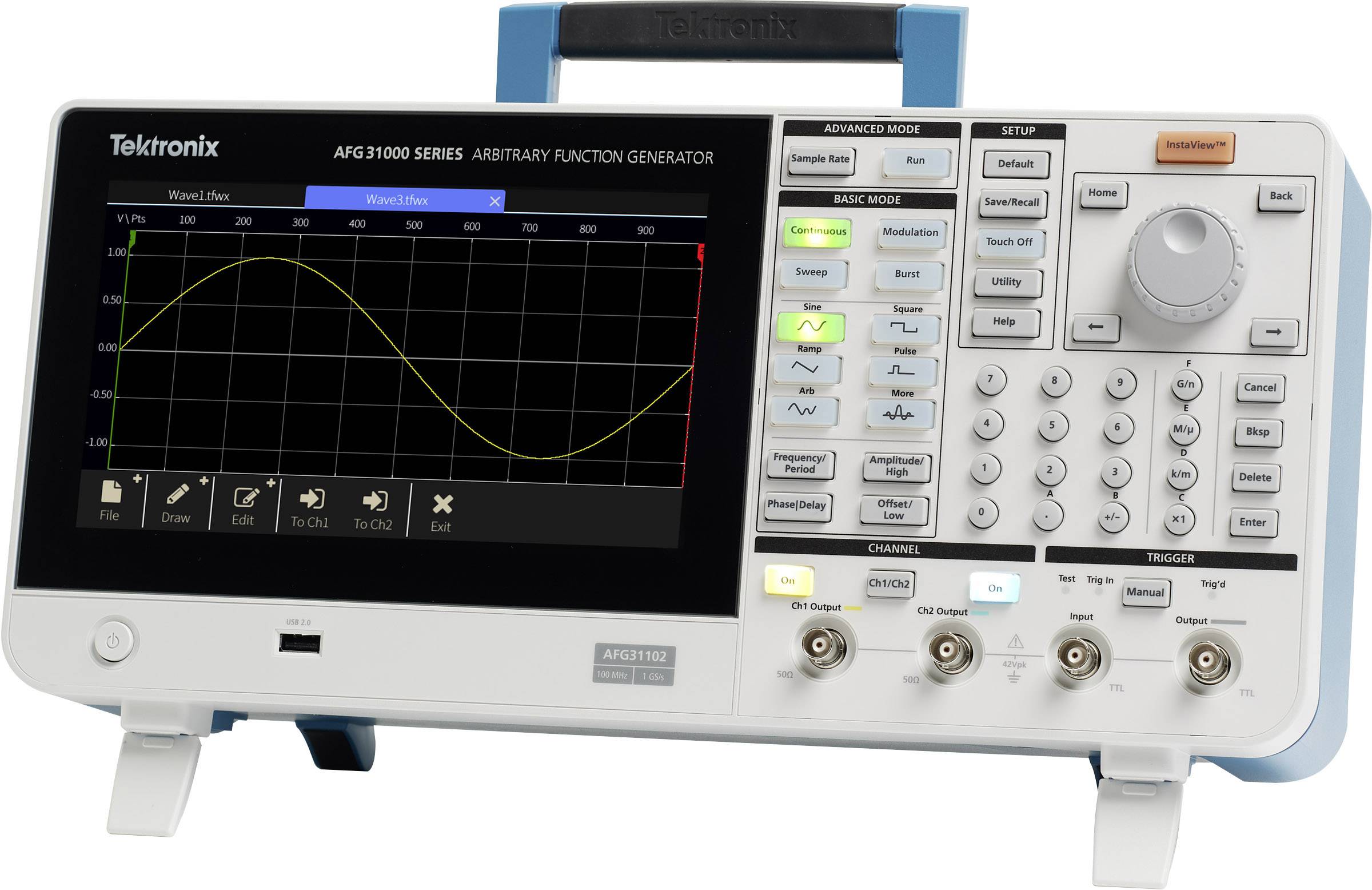A function generator with a digital display shows a sine wave. Various buttons and controls are visible to the right of the display.