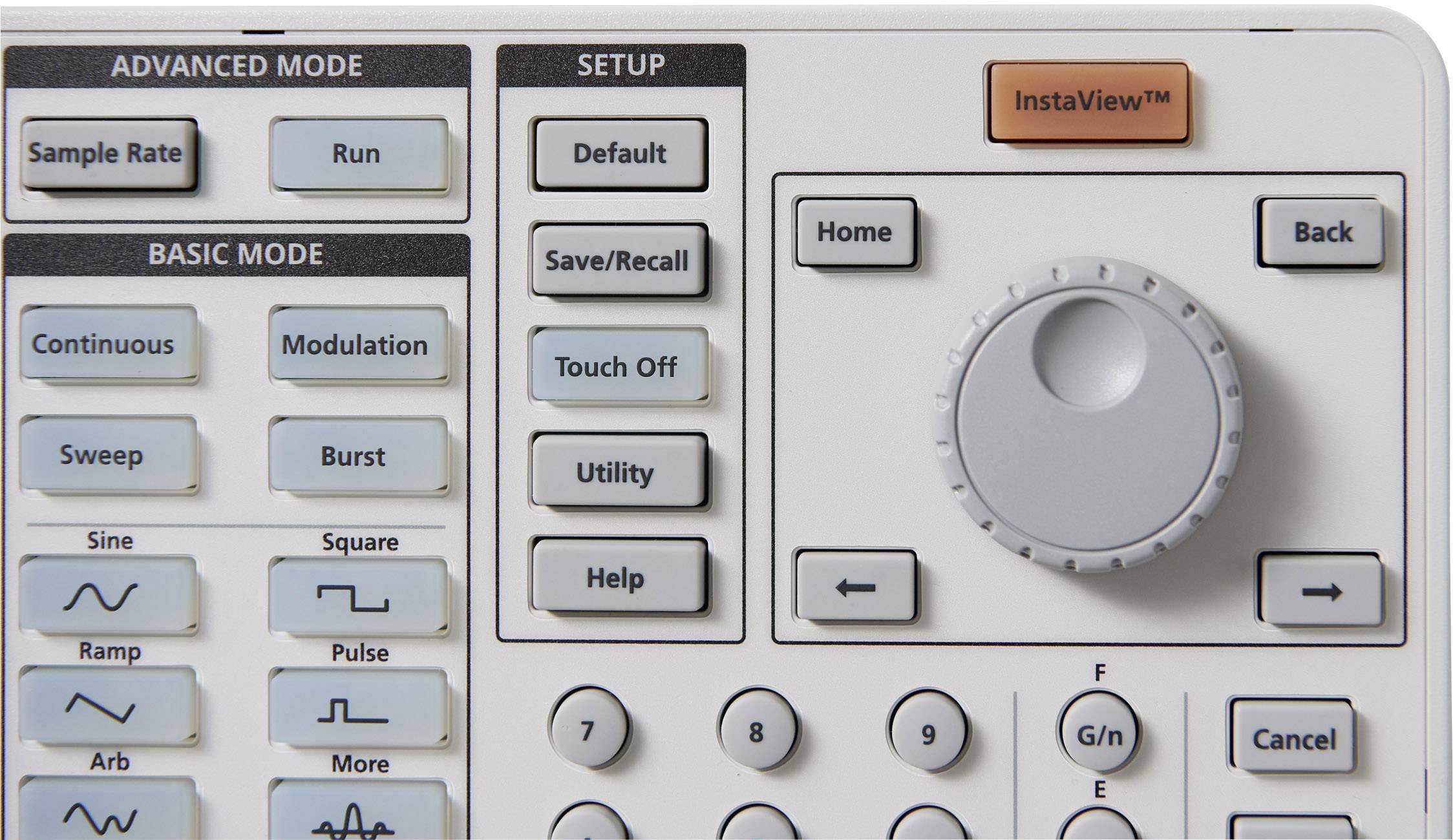 Control panel of an electronic device with buttons and controls for modes such as 'Basic Mode' and 'Advanced Mode', including an 'InstaView' button.