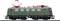 A green model train of the Class E41 with a red pantograph runs on railway tracks. Side view focusing on the train's details.