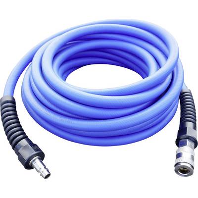 Blue compressed air hose coiled, with metal connectors at both ends, suitable for use in workshops or industrial settings.