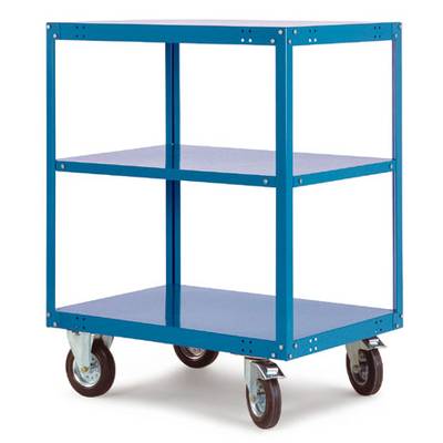 A blue, three-tier trolley with four wheels, suitable for transporting goods in a warehouse or workshop.