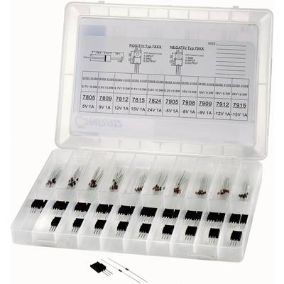 An open component storage box containing various electronic components such as resistors and voltage regulators, labelled with type and voltage specifications.