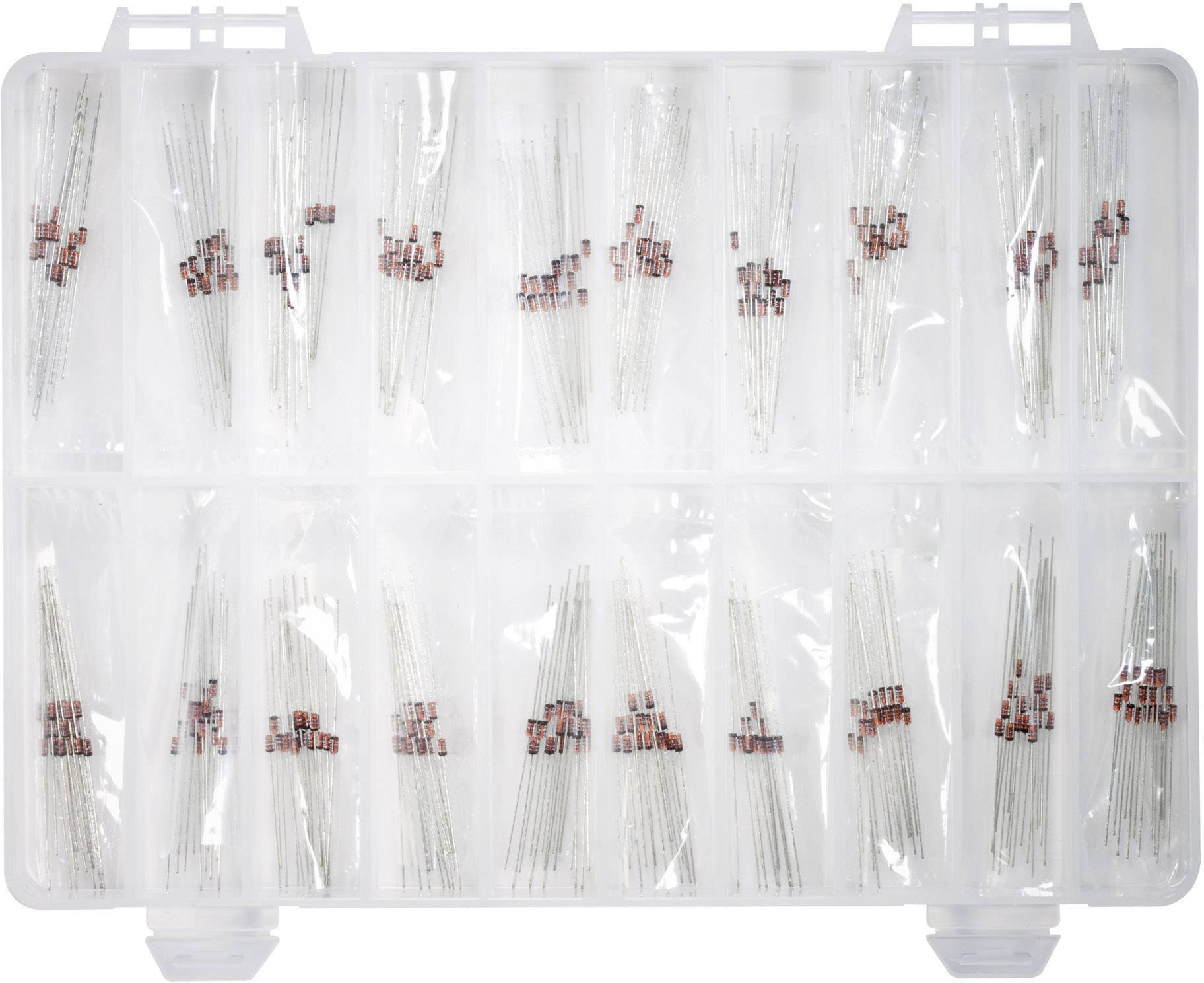 Sorted box with various types of diodes in compartments, ready for electronics projects. Diodes are grouped in quantities per compartment.