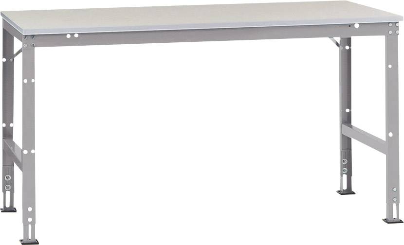 A grey desk with metal legs stands on a white background. The desk has a smooth surface and adjustable legs.