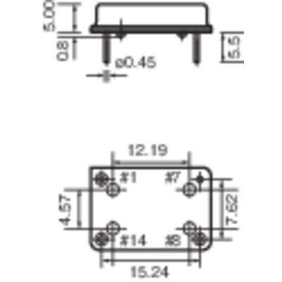 Technical drawing of an electrical component with dimensions: Height 5 mm, Width 5.5 mm. Hole spacing: 12.19 mm and 15.24 mm.
