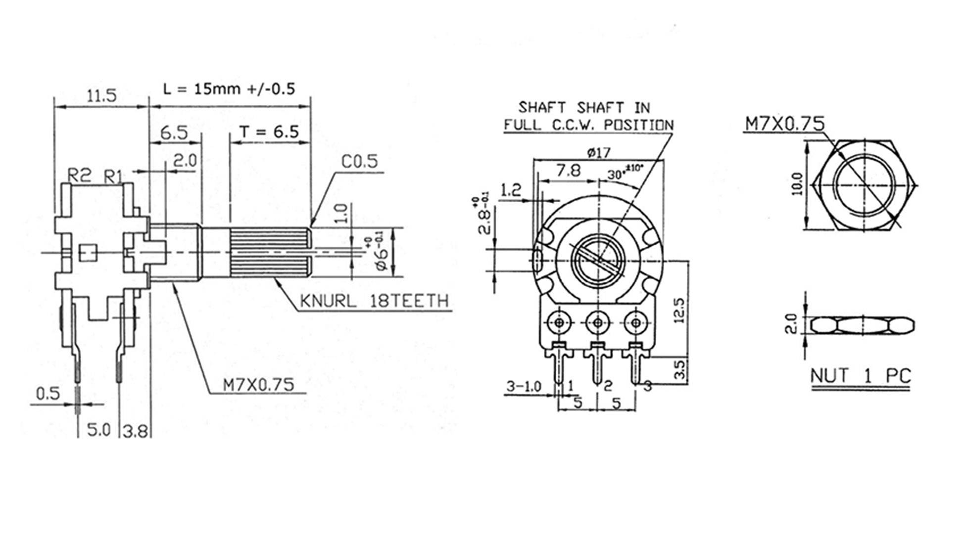 Technical drawing of a potentiometer with specifications for dimensions and threads; contains details of dimensions and product characteristics.