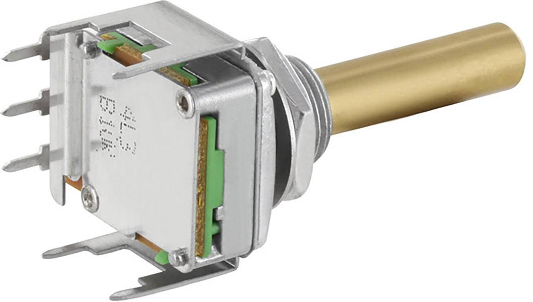 Metallic rotary potentiometer with a golden shaft, six terminals, and a rectangular housing. Used in electronic circuits.