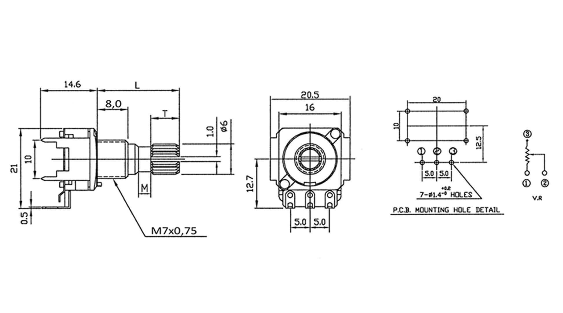 Technical Drawing of a Potentiometer: Details of dimensions, pin configurations, and mounting specifications are shown.