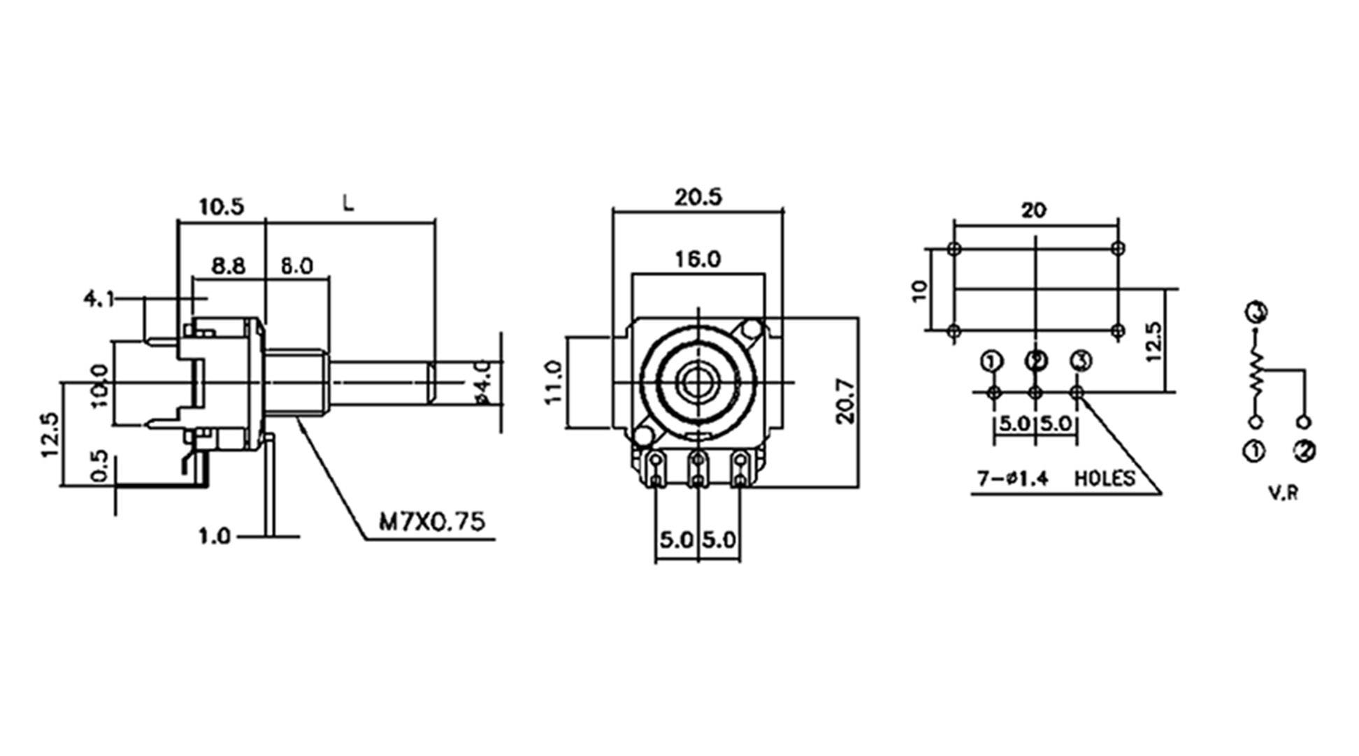Technical drawing of a potentiometer with precise dimensions in millimetres, including hole positions and electrical connections.